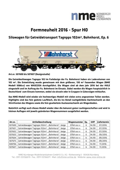 Silowagen für Getreidetransport Tagnpps 102m³, Bohnhorst, Ep. 6 - NME - Nürnberger ModellEisenbahnen