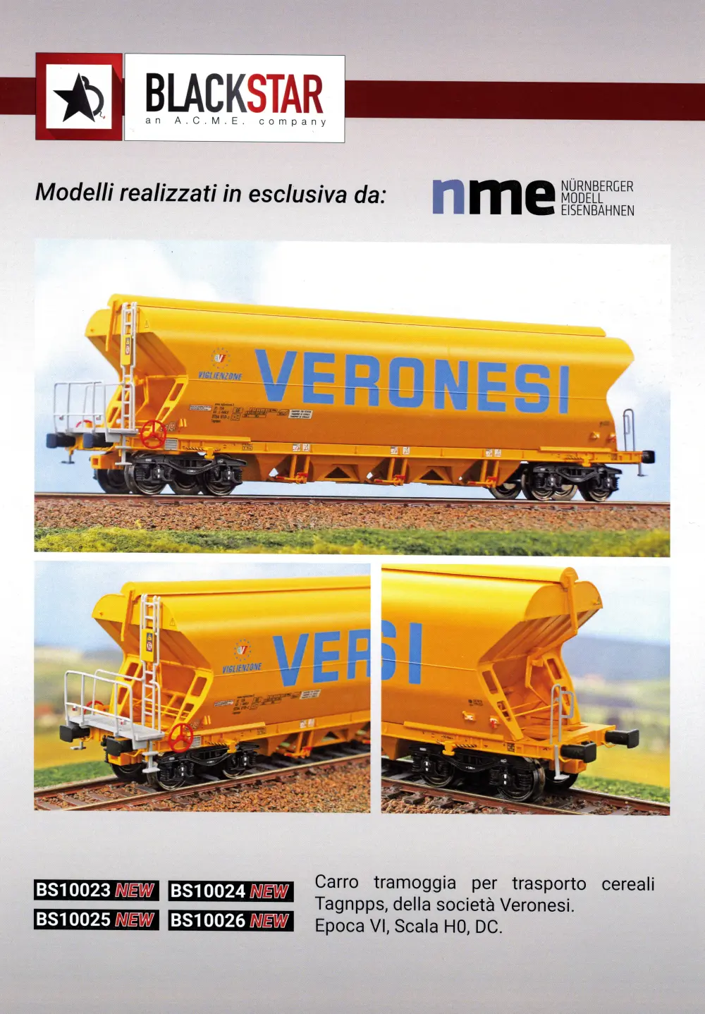 ACME - Anonima Costruzioni Modellistiche Esatte / NME - Nürnberger ModellEisenbahnen - BLACKSTAR / NME - Carro tramoggia per trasporto cereali Tagnpps, della società "Veronesi"