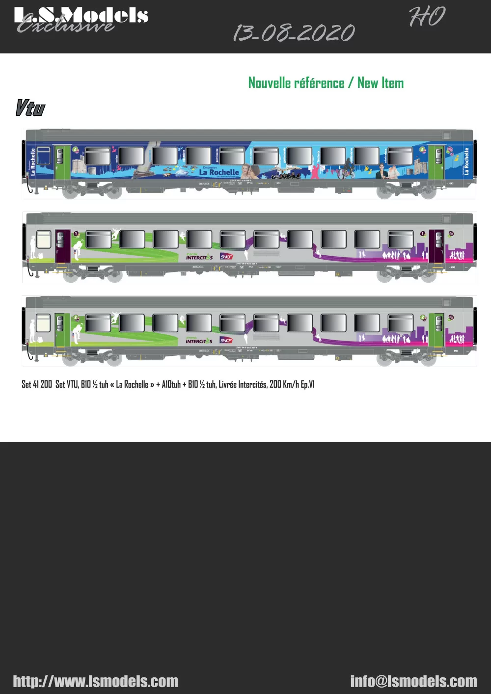 LS Models - SNCF - Vtu Corail passenger coaches in "La Rochelle" / Intercity livery (set 41200)