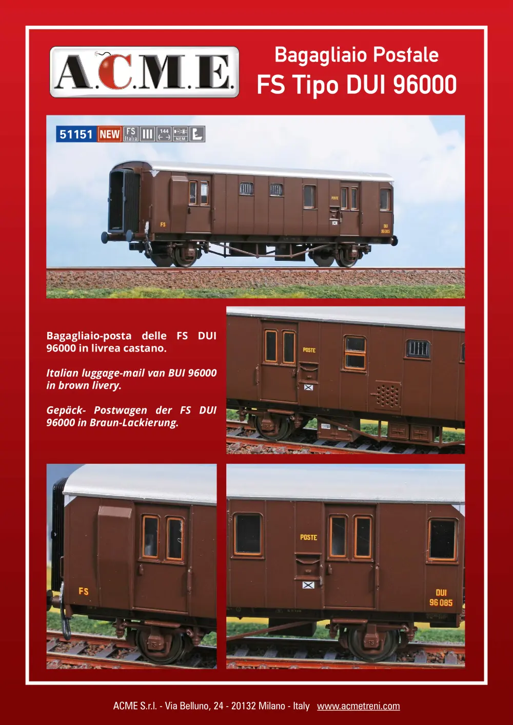 ACME - Anonima Costruzioni Modellistiche Esatte - Bagagliaio Postale FS Tipo DUI 96000 (ref. 51151)