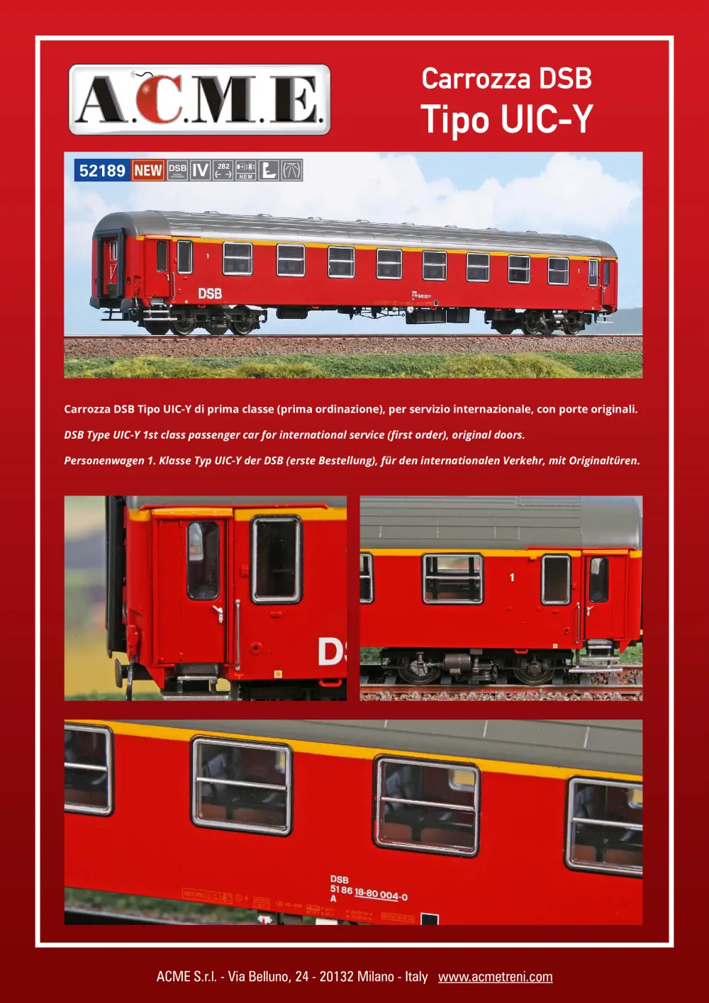 ACME - Anonima Costruzioni Modellistiche Esatte - Carrozza DSB Tipo UIC-Y (ref. 52189)