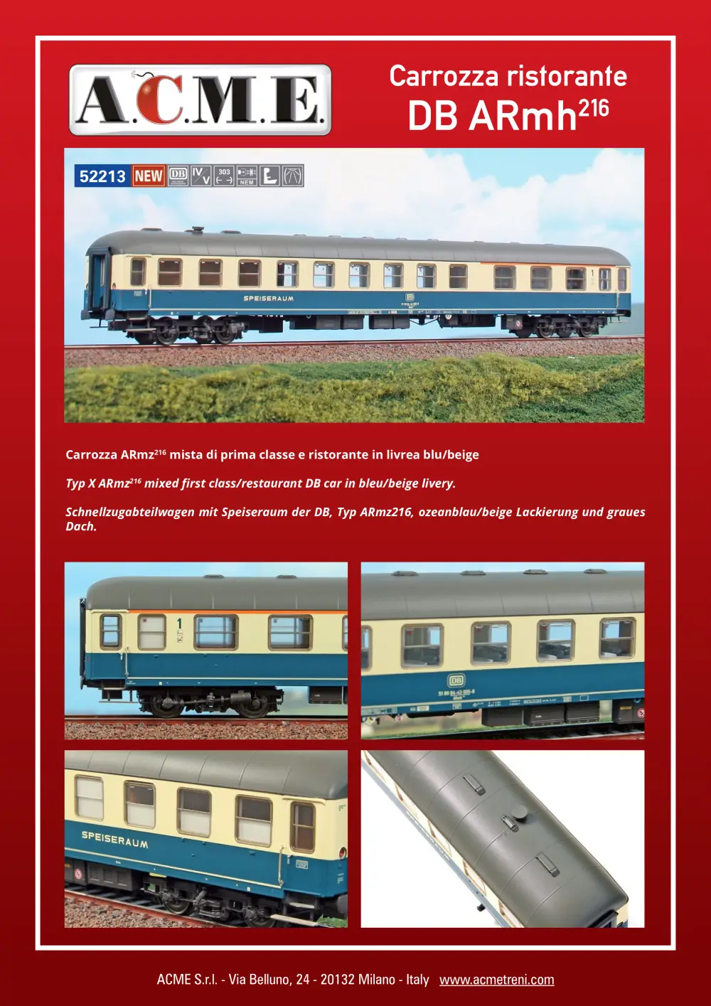 ACME - Anonima Costruzioni Modellistiche Esatte - Carrozza ristorante DB ARmh216 (ref. 52213)