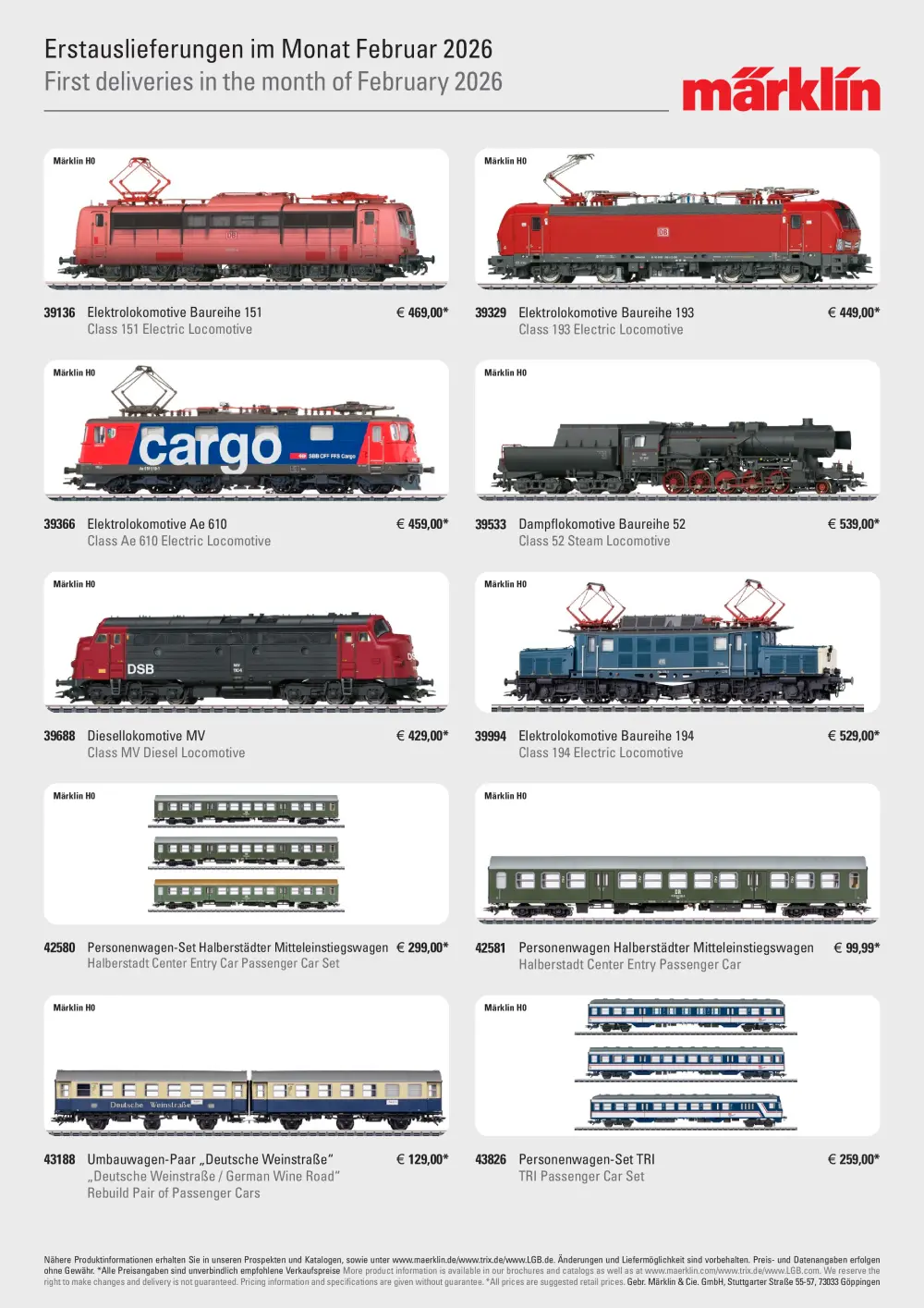 Märklin / LGB / Trix - Erstauslieferungen im Monat Februar 2026 / First deliveries in the month of February 2026