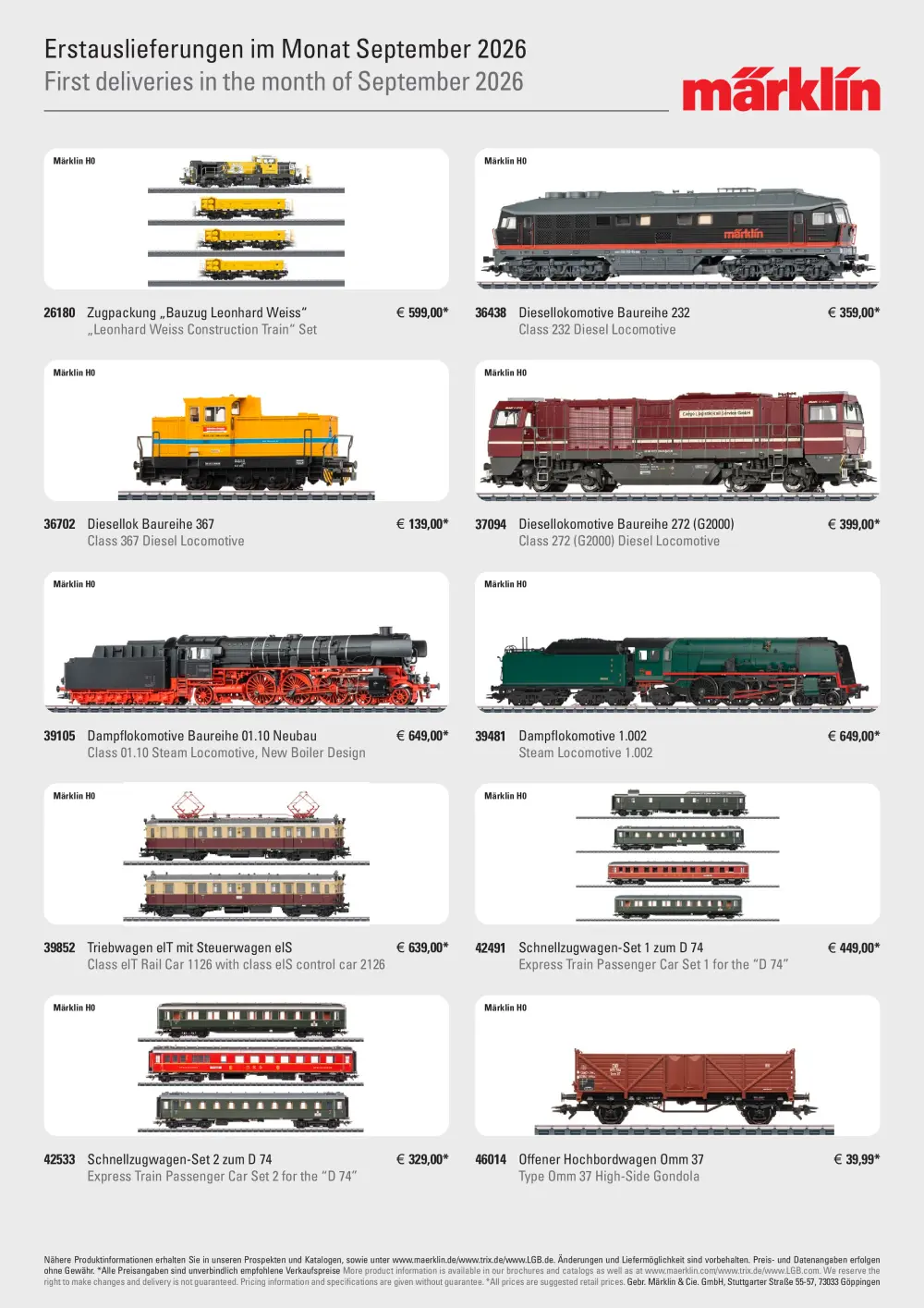 Märklin / LGB / Trix - Erstauslieferungen im Monat September 2026 / First deliveries in the month of September 2026