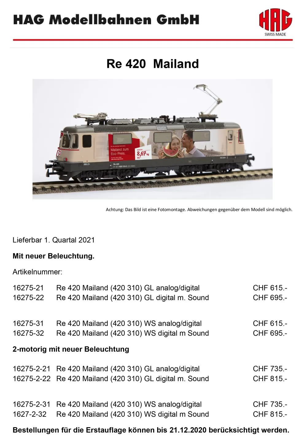 HAG - SBB Cargo - Re 420 "Mailand" electric locomotive