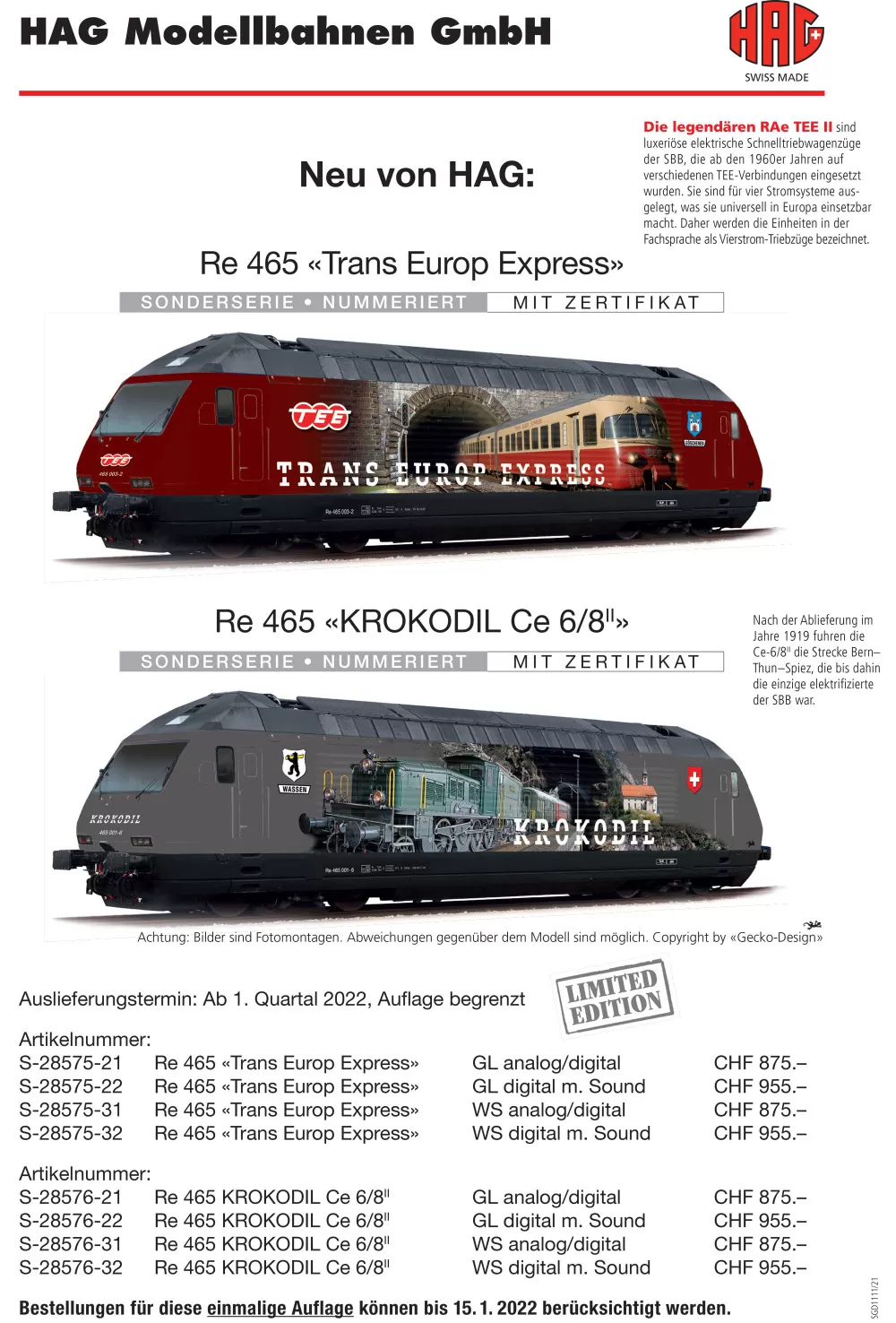 HAG - Re 465 "Trans Europ Express" / "KROKODIL Ce 6/8II"