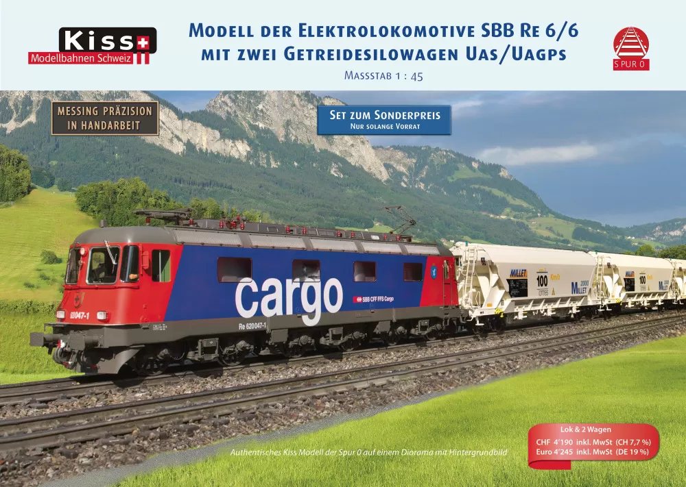 Kiss Modellbahnen Schweiz - SBB CFF FFS - Re 6/6 electric locomotive & Uas / Uagps freight wagons "MILLET"