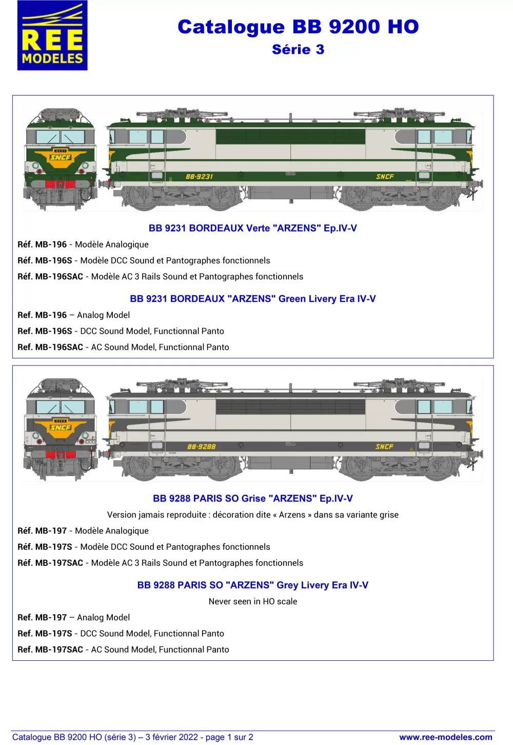 Rails Europ Express (REE) Modèles - SNCF - BB 9200 electric locomotives (3rd series)
