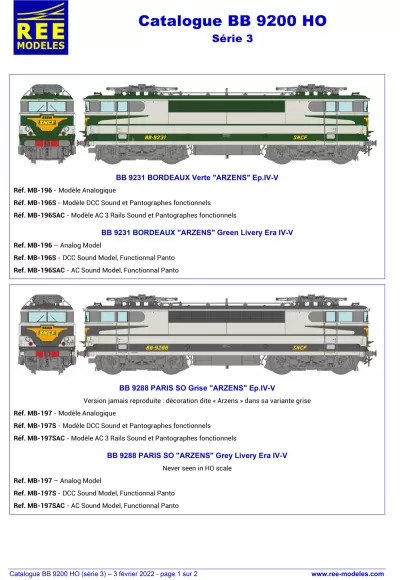 SNCF - BB 9200 electric locomotives (3rd series) - Rails Europ Express (REE) Modèles