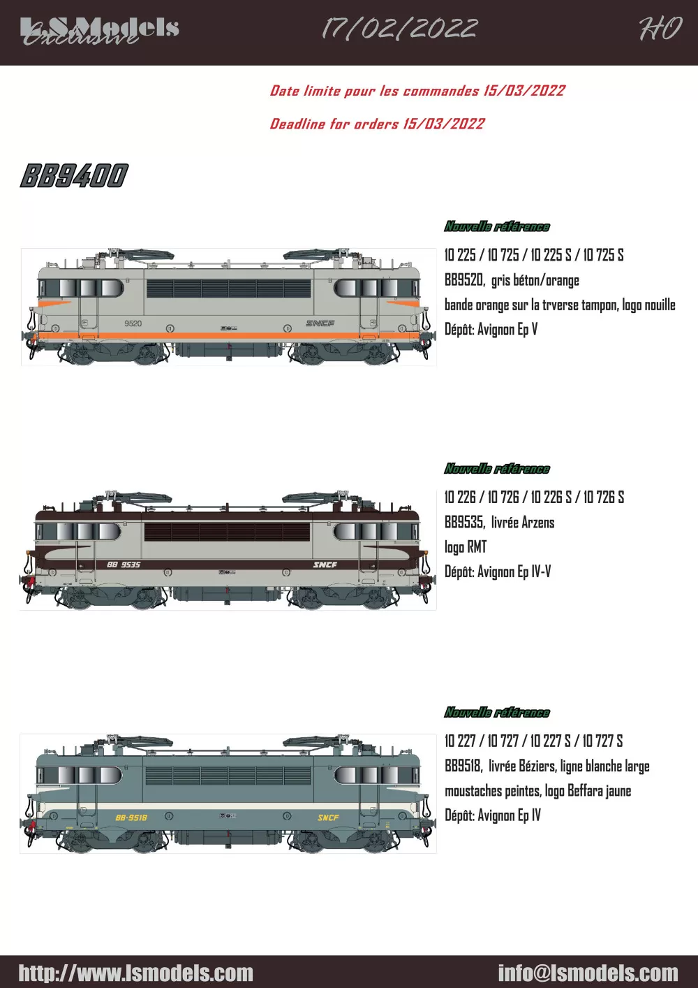 LS Models - SNCF - BB 9400, BB 7200, BB 15000 & BB 22200 electric locomotives