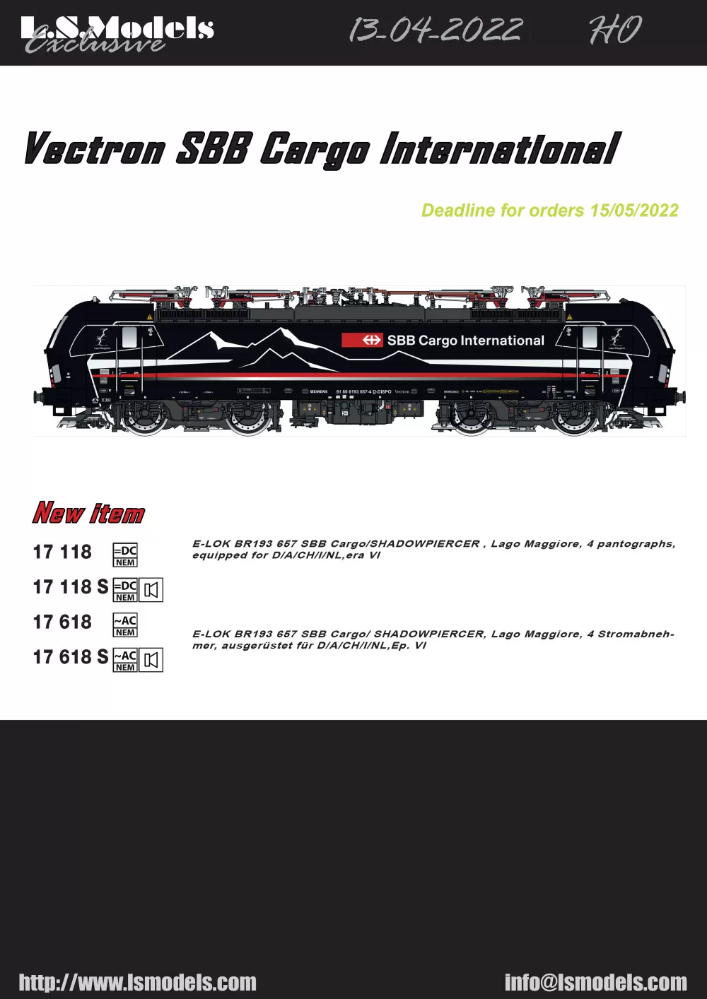 LS Models - SBB Cargo - BR 193 Vectron "SHADOWPIERCER" electric locomotive 