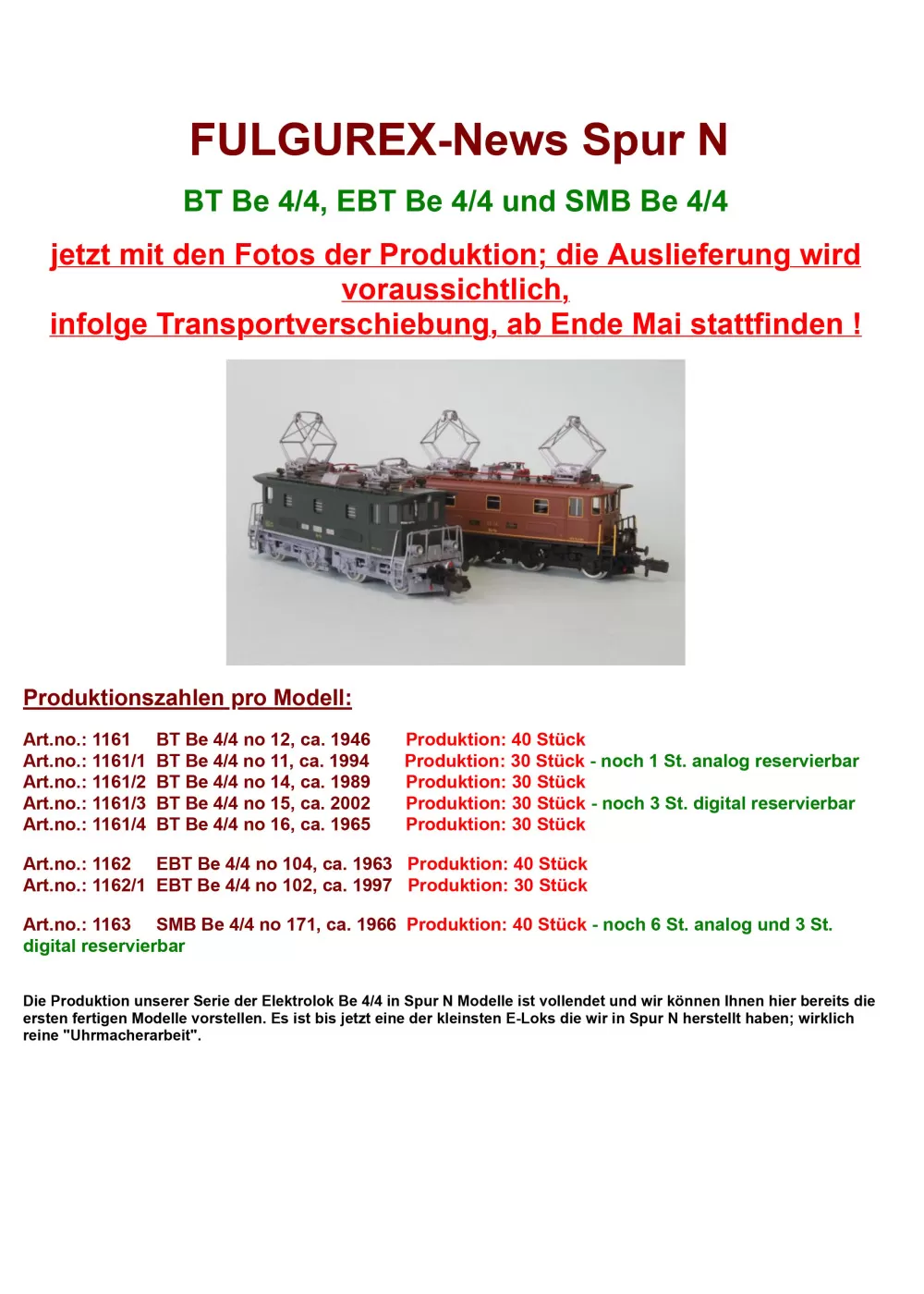 Fulgurex - Be 4/4 electric locomotive