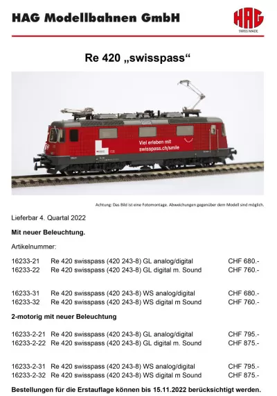 SBB CFF FFS - Re 420 "SWISSPASS" electric locomotive - HAG
