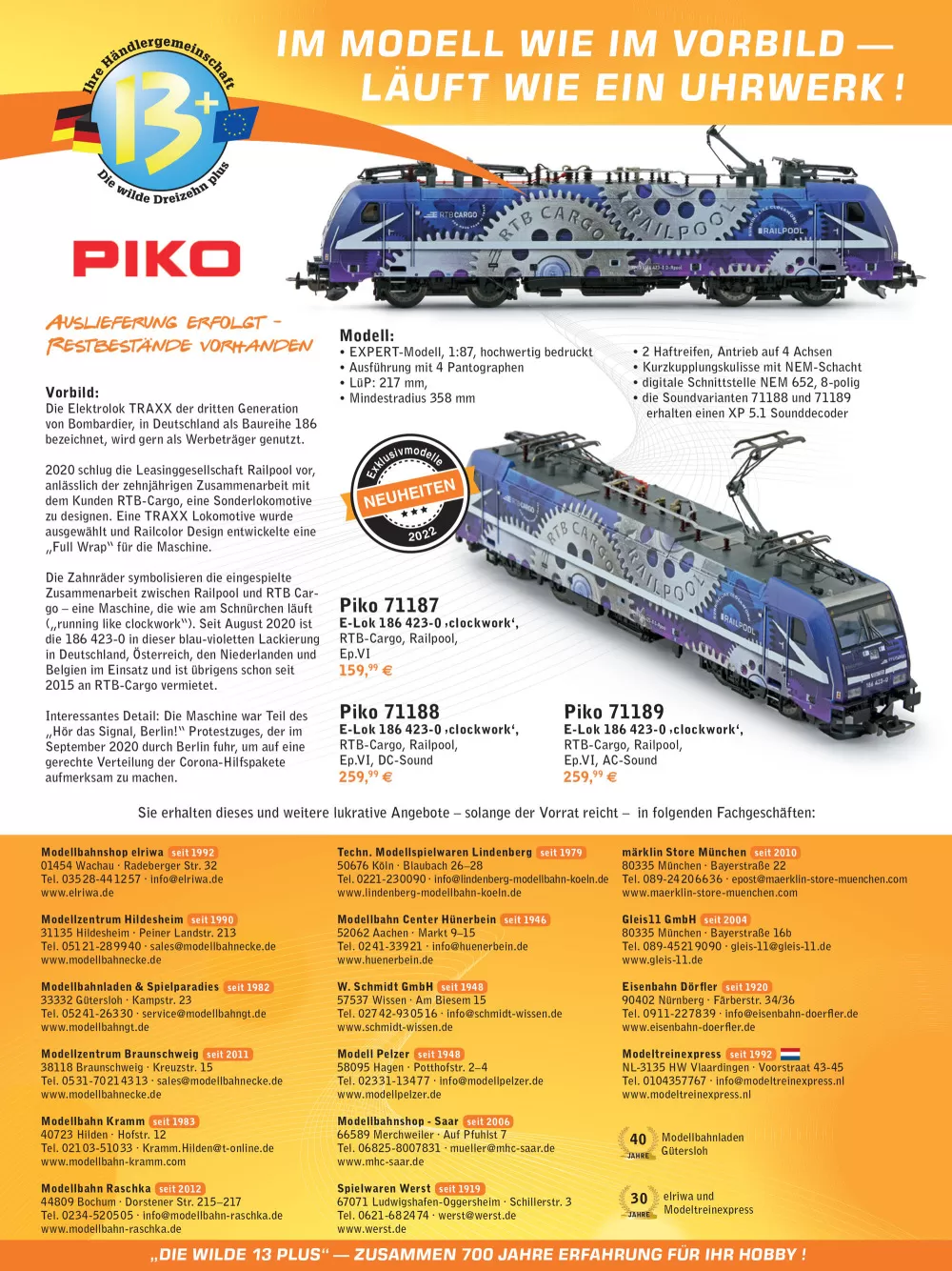 W13PLUS-HÄNDLERVEREINIGUNG - Railpool / RTB Cargo - Class 186 electric locomotive in "CLOCKWORK" livery