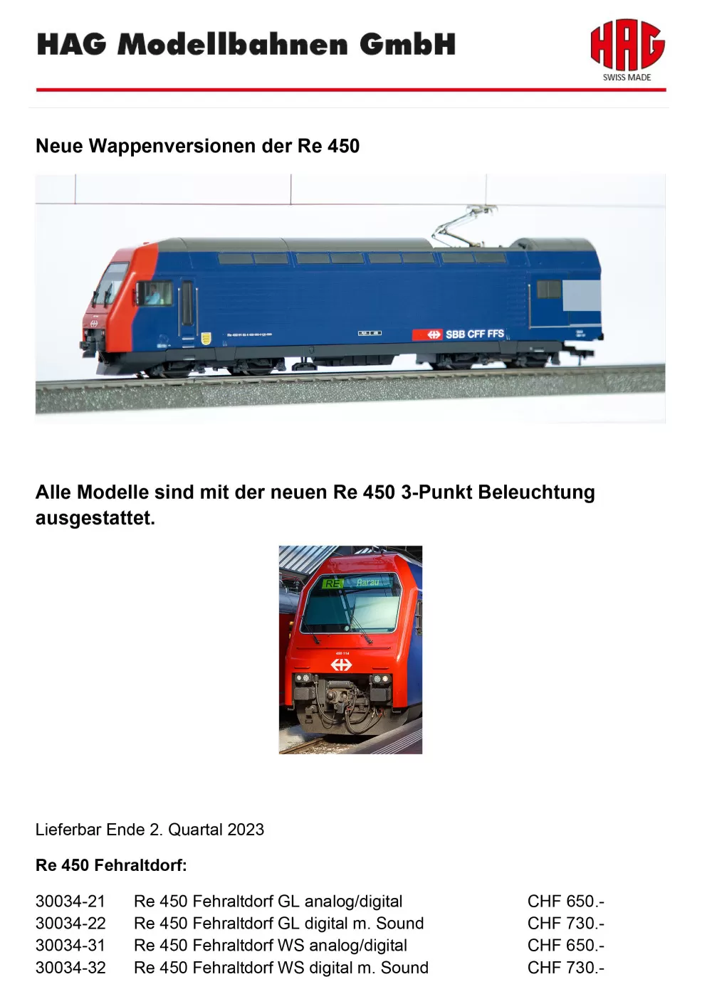 HAG - SBB CFF FFS - Re 450 electric locomotive